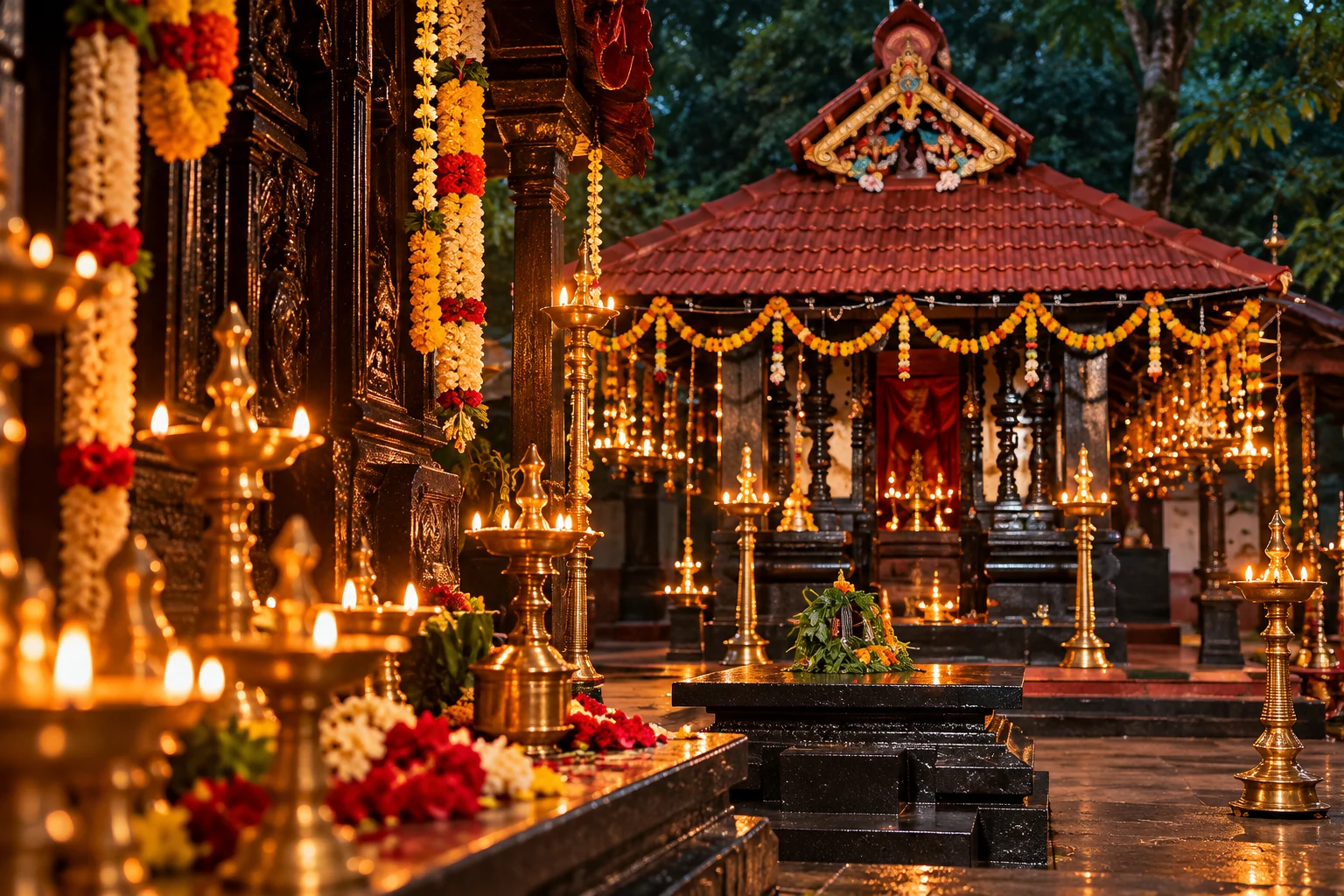 A peaceful, people-free madappura shrine illuminated with traditional oil lamps and garlands