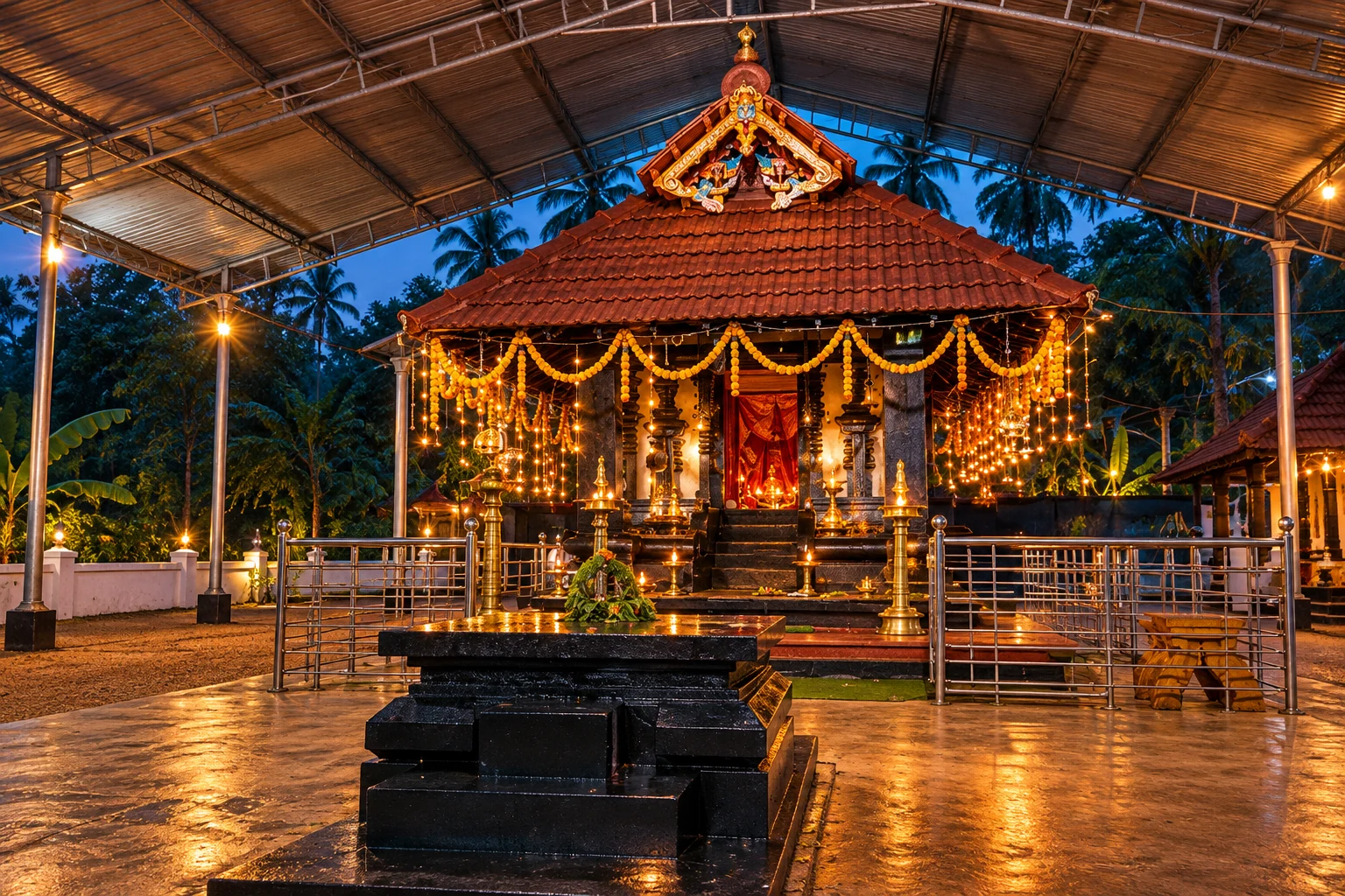 People-free atmospheric view of a Kerala-style madappura shrine lit by traditional lamps